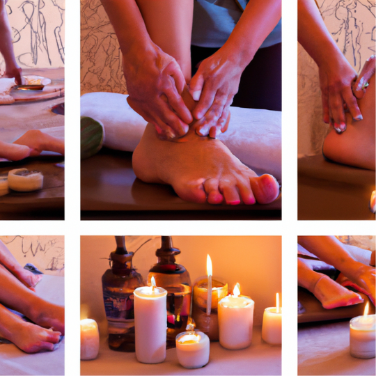 A collage of photos showing different massage and bodywork modalities. Include someone receiving a massage, a foot reflexology session, oils and candles burning, close-ups of hands doing massage strokes on back/feet. Use warm, calming lighting