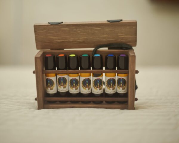 Set of 7 chakra oils in a wooden case