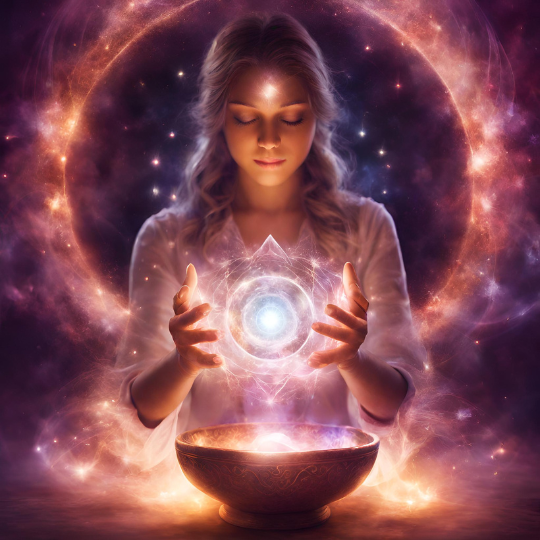 Abstract spiritual imagery with glowing lights and energy swirls. Include crystals, singing bowls, hands holding crystals. Use cosmic, mystical lighting and effects. Focus on the unseen aspects of energy healing.