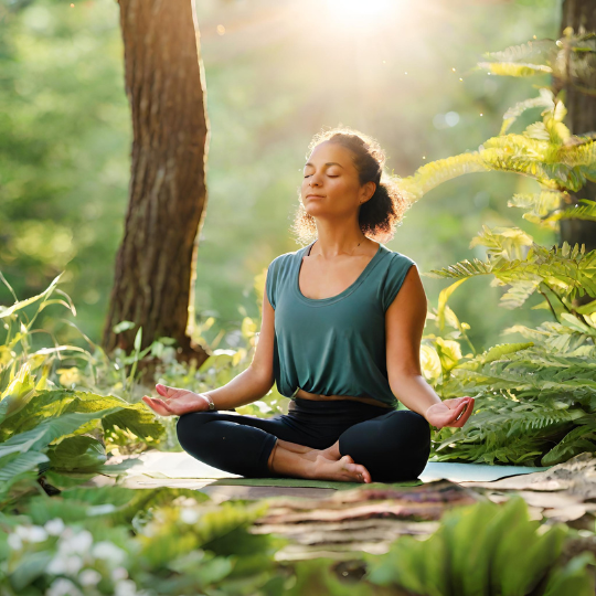 A meditating person surrounded by nature - trees, leaves, flowers. Include yoga poses, trails, rivers, mountains, sunrise/sunset skies. Capture the connection between inner wellness and the natural world. Use bright, vibrant lighting.