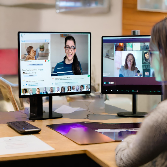 Someone video chatting for a virtual session, digital certifications and e-documents on screens. Include internet connectivity visuals, laptop. Use cool lighting emphasizing technology and online access.