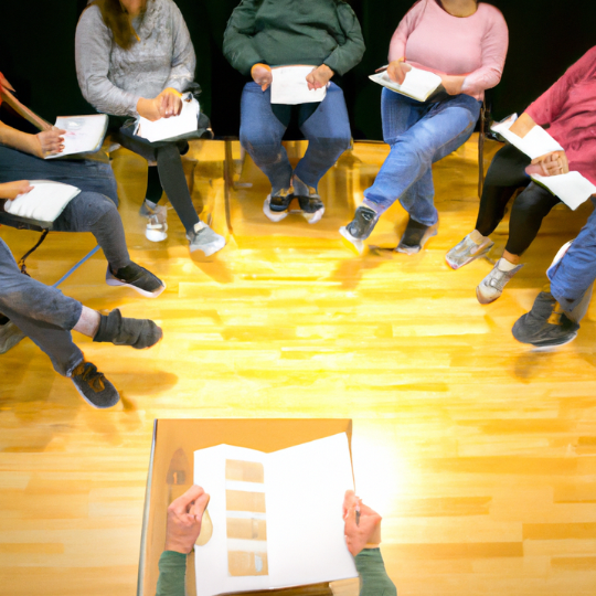 A group learning setting - circle of people with notebooks. Show the teacher guiding, blackboard diagrams. Use warm, inviting lighting. Capture the social, educational environment.