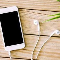 Cellphone and earphones next to a green plant on a wooden deck