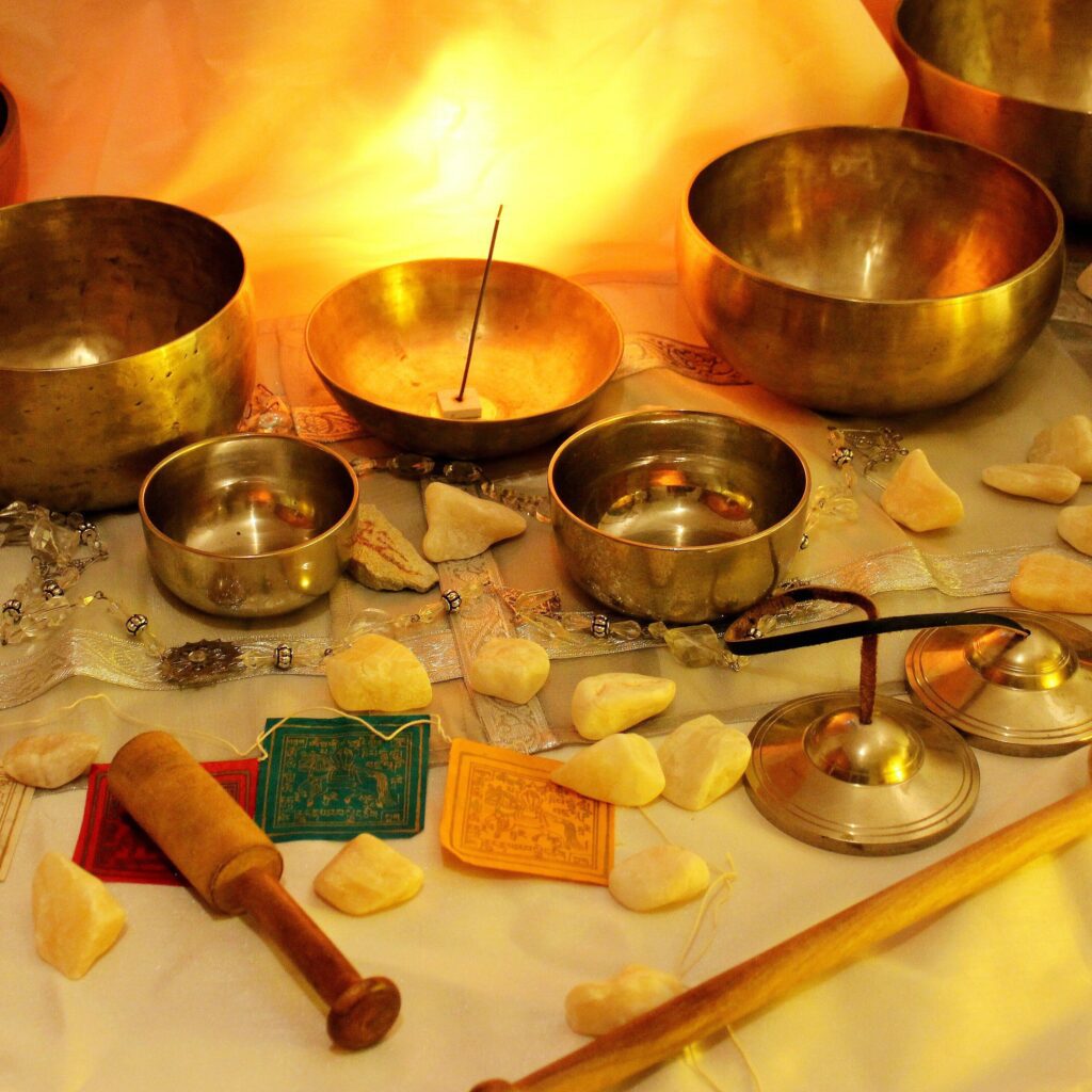 tibetan singing bowls on a table